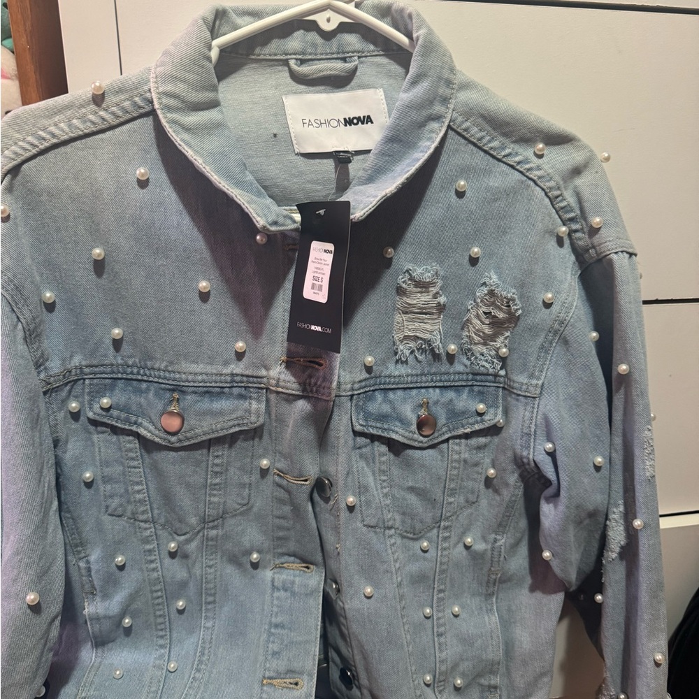 Fashion Nova Blue Pearl Studded Jean Jacket